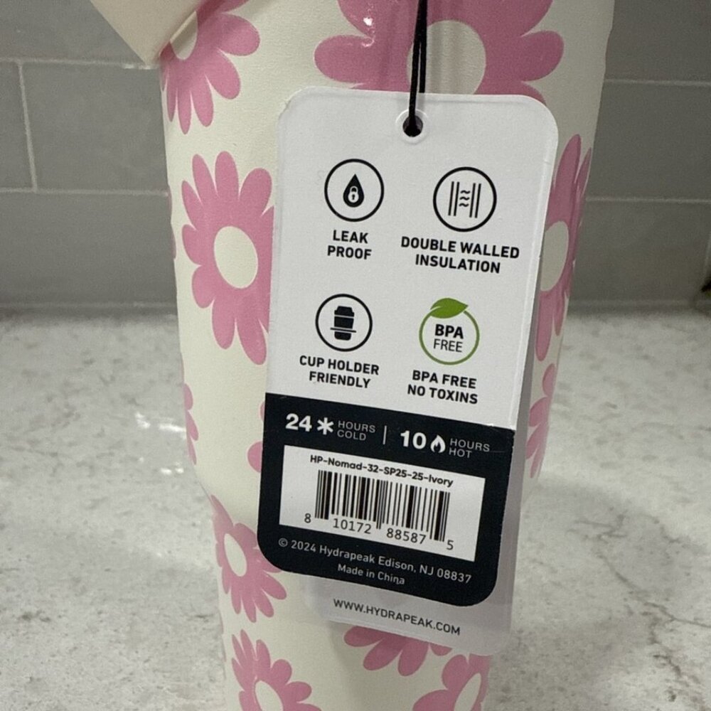 Hydrapeak BRIGHT PINK DAISIES water bottle Tumbler Stainless steel 32oz NEW - Picture 3 of 6
